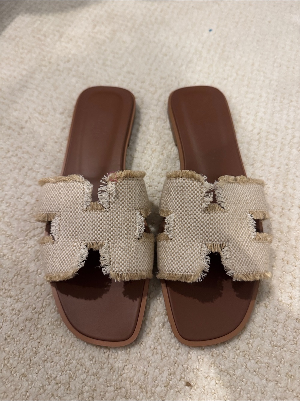 Hermes Beige Frayed Canvas Oran Slide Sandals with Brown Footbed